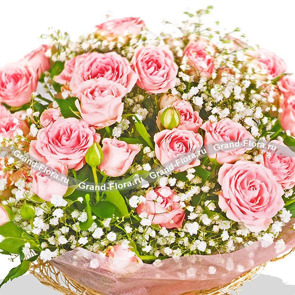 Антураж - букет из кустовых  роз и гипсофилы